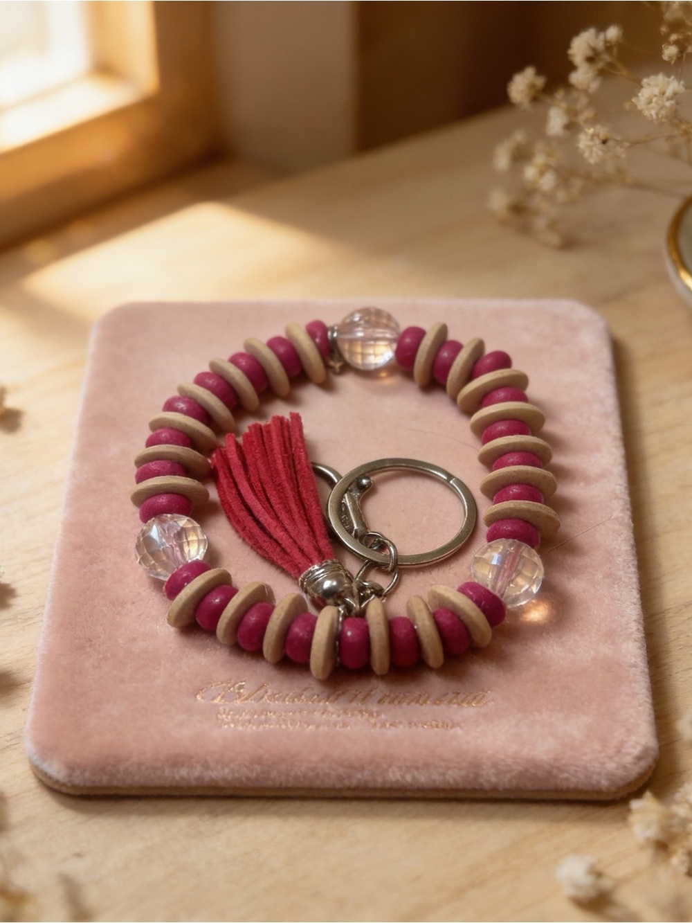 Pink and Tan Beaded Tassel Keychain Bracelet